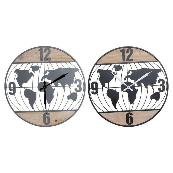 Horloge Murale DKD Home Decor Noir Gris Fer Bois MDF Mappemonde (2 pcs) (60 x 4.5 x 60 cm)