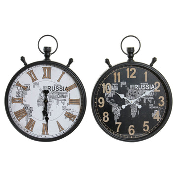 Horloge Murale DKD Home Decor Blanc Noir Verre Fer Mappemonde (2 pcs) (50 x 10 x 66 cm)