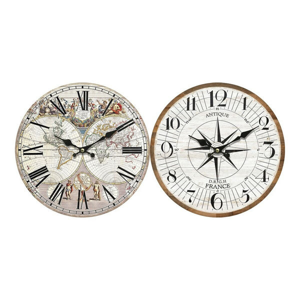 Horloge Murale DKD Home Decor Blanc Bois MDF Mappemonde (34 x 4 x 34 cm) (2 pcs)