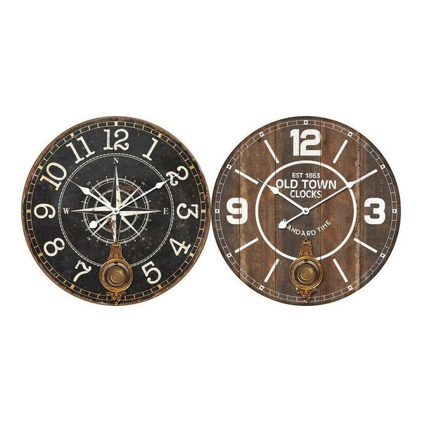 Horloge Murale DKD Home Decor Noir Métal Marron Bois MDF (58 x 8 x 58 cm) (2 pcs)