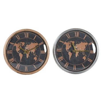 Horloge Murale DKD Home Decor Verre Argenté Noir Doré Fer Mappemonde (46 x 6,5 x 46 cm)