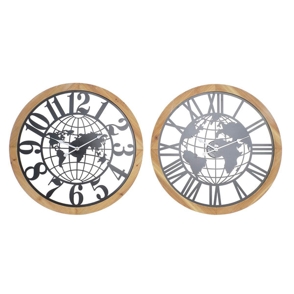 Horloge Murale DKD Home Decor Naturel Noir MDF Fer Mappemonde (60 x 4,5 x 60 cm)