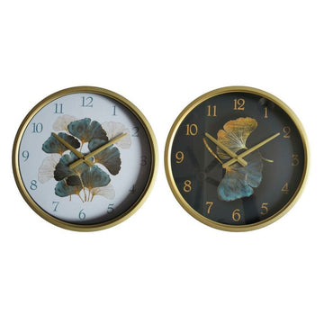 Horloge Murale DKD Home Decor Verre Turquoise Blanc Fer Glam Feuille d'une plante (2 Unités) (40 x 6 x 40 cm)