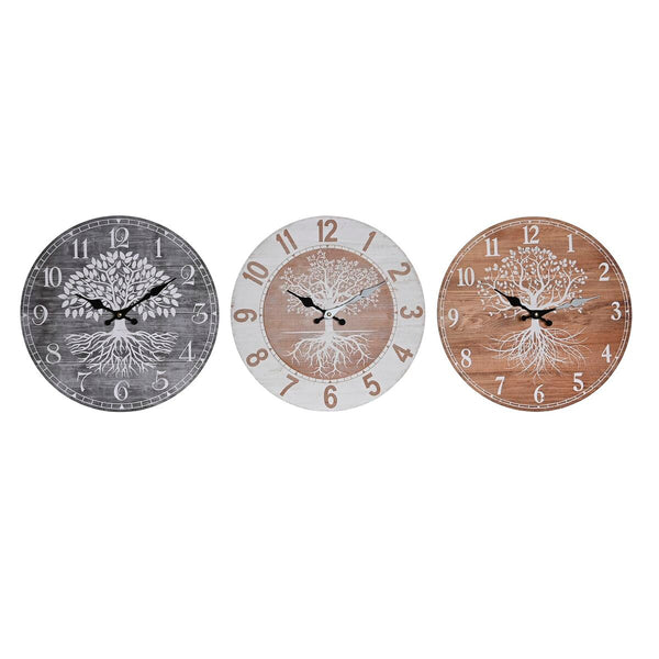 Horloge Murale DKD Home Decor Naturel Gris Marron Blanc Bois MDF (34 x 4 x 34 cm) (3 Unités)