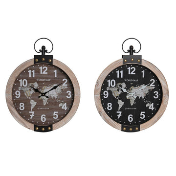 Horloge Murale DKD Home Decor Noir Marron Fer Vintage Bois MDF Mappemonde (40 x 6,5 x 46 cm) (2 Unités)