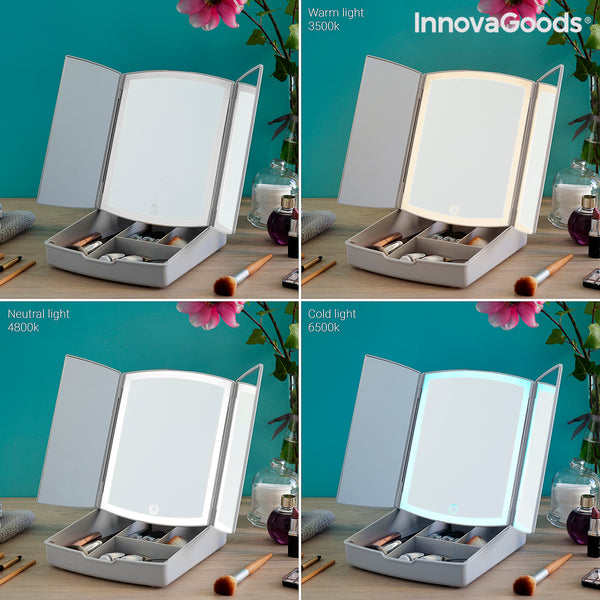 Miroir LED Pliable avec Organisateur de Maquillage 3-en-1 Panomir InnovaGoods