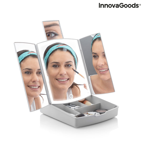 Miroir LED Pliable avec Organisateur de Maquillage 3-en-1 Panomir InnovaGoods